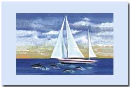 sail boat racing dolphins in the ocean