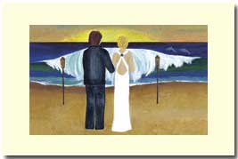 man and woman dressed for a wedding watching the surf