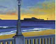 light in front of capitola pier at sunset painting and greeting card